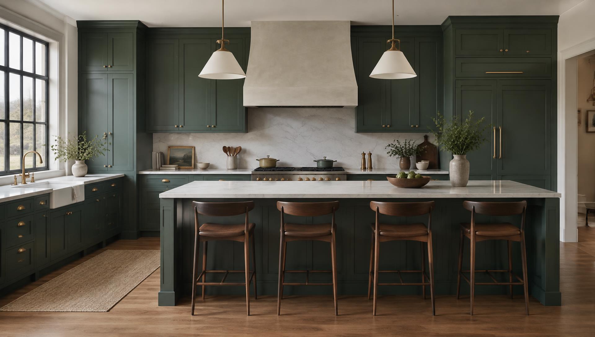 Hunter green inset kitchen with brass pendants and a plaster hood